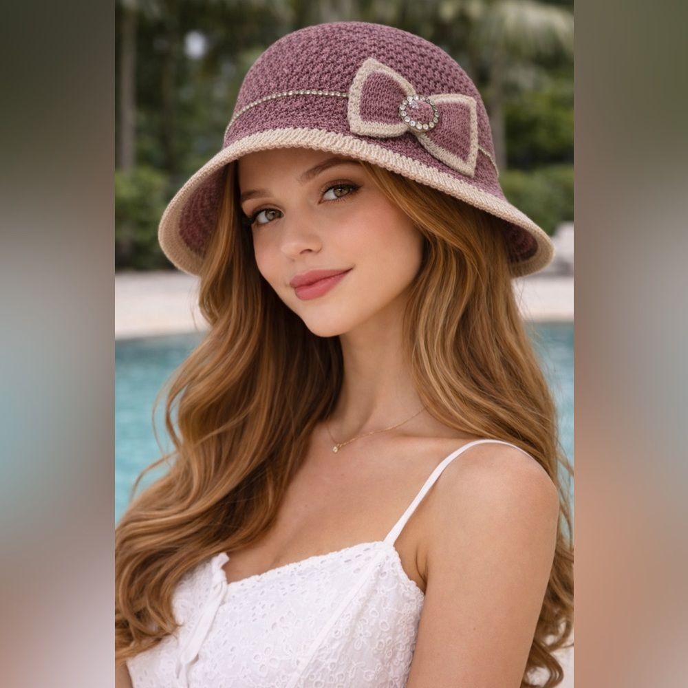 Mauve Crochet Cloche Hat w/ Bow Detail – Feminine Vintage Style 💗✨